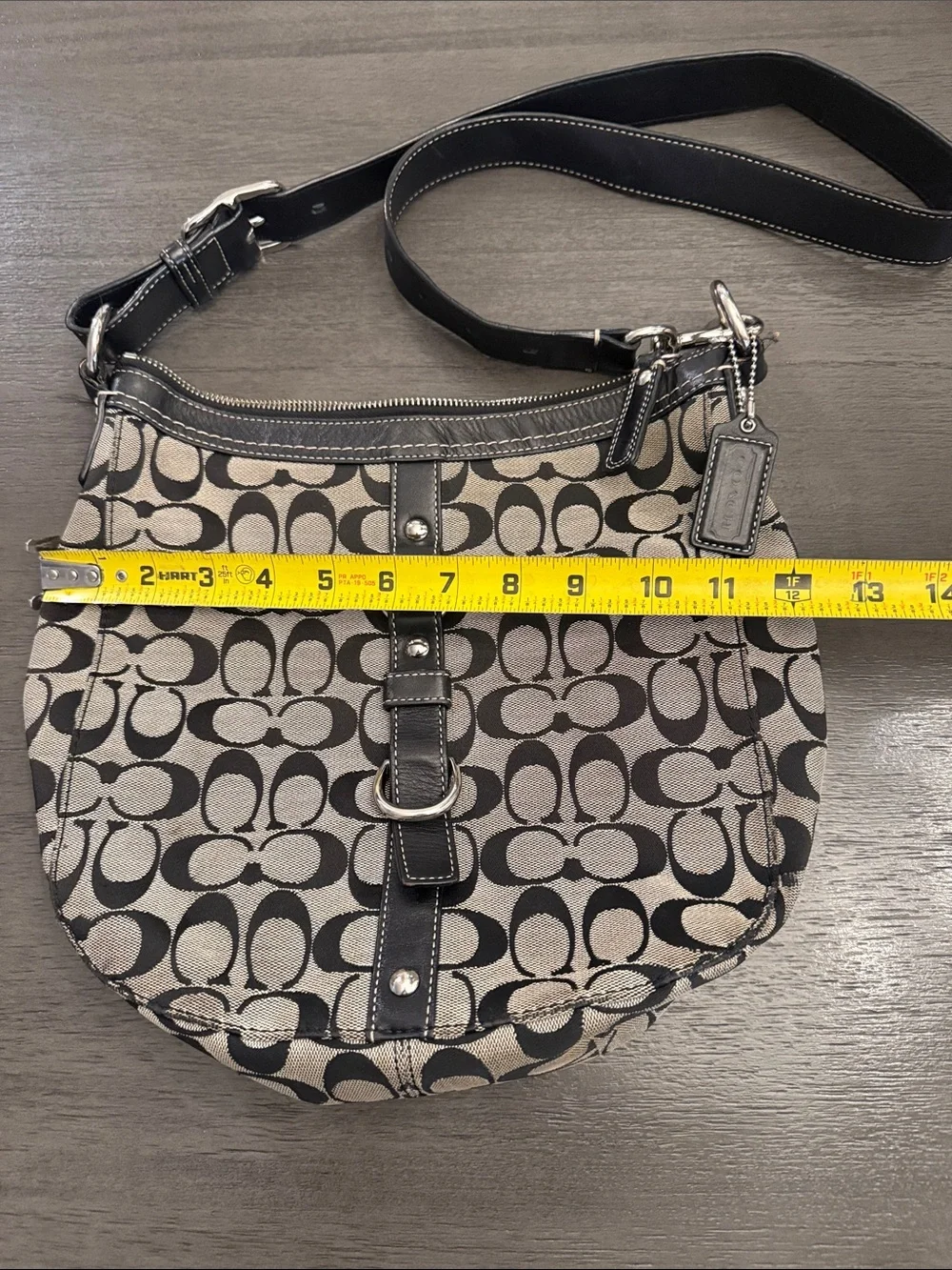Coach Signature Jacquard Monogram Leather Trim Shoulder Bag Black Gray Medium